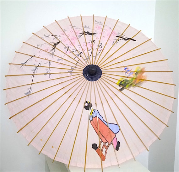 Splendido ombrello ombrellino parasole giapponese anni 70 dipinto a mano  rosa geisha rondini vintage -  Italia