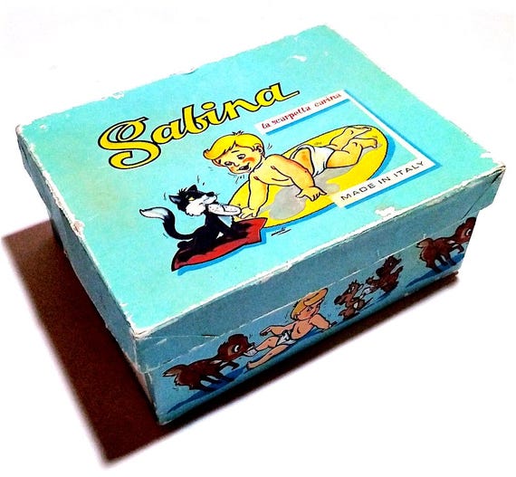 SABINA the cute shoe 60s italy cardboard box for children's shoes delicious illustrations by Minuti
