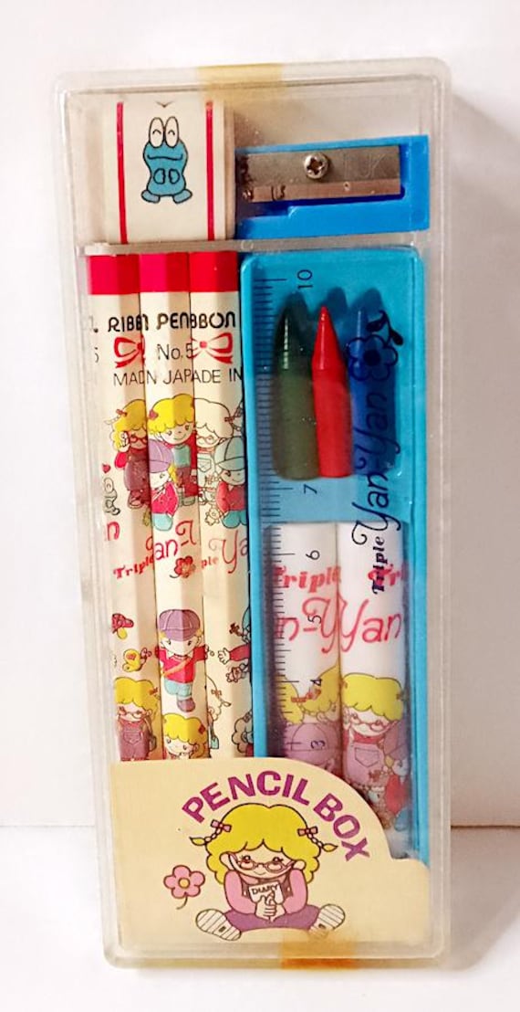 TRIPLE YAN YAN 80s Ribbon Pencil Japan Pocket School kit stationery blue box - miniature school set