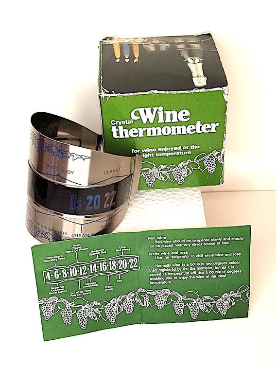 CRYSTAL WINE THERMOMETER 80s collare termico in acciaio per calcolare temperatura del vino nuovo in box