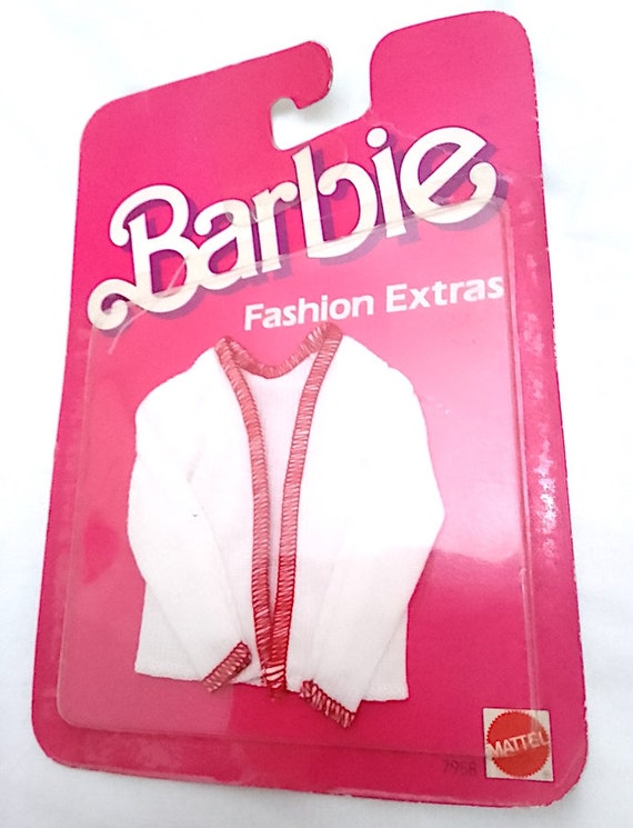 BARBIE FASHION EXTRAS 1984 mattel - white sweater cardigan with red profiles - vintage outfit jacket white and red misb 7985