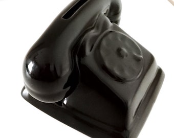 ZWARTE TELEFOON - vintage jaren 80 aardewerk klein spaarpotje - geldkistje - keramische spaarpot