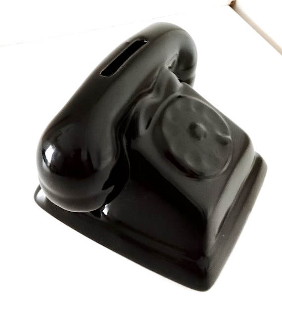 BLACK TELEPHONE - vintage black telephone 80s pottery tiny coin bank - tirelire - ceramic piggy bank