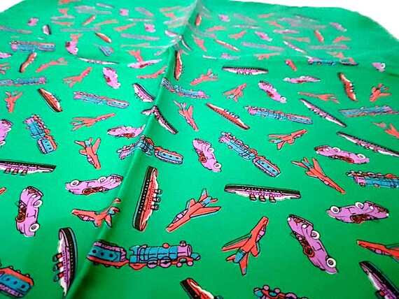 gorgeous emerald green handkerchief pure silk fantasy means of transport cars, trains, planes 70s pop glamour luxury handkerchief