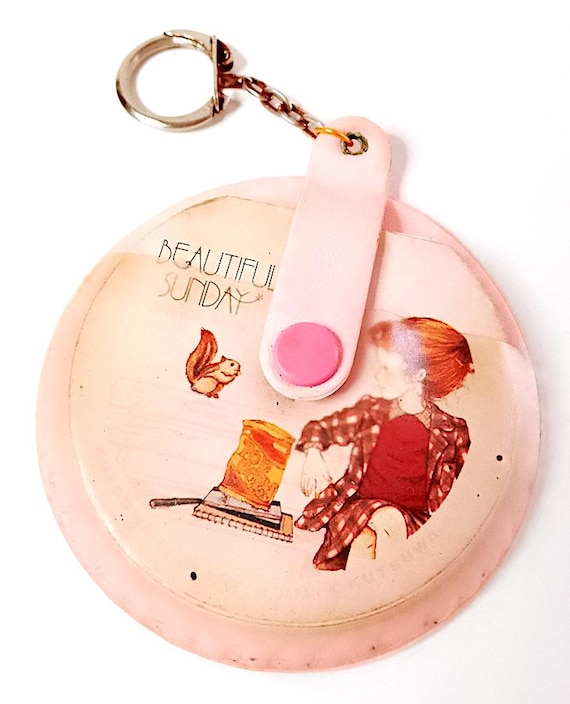 Beautiful Sunday 80s Kutsuwa Japan pocket mirror keychain with memo pad pink kawaii