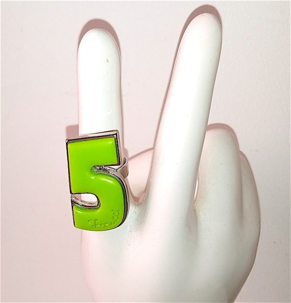 FIORUCCI 90s italy vintage rare ring with 5 number green - adjustable ring with number 5 acid green