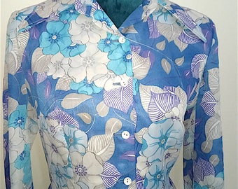 splendid 60s dress Italian fashion tailoring light blue flowers Aglia 48 / L vintage outfit dress tailor