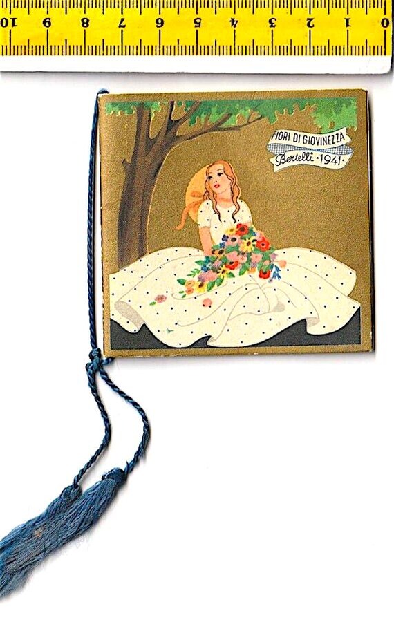 FLOWERS OF YOUTH 1941 Bertelli Italy - splendid mini barber calendar with gilding and illustrations by Miki