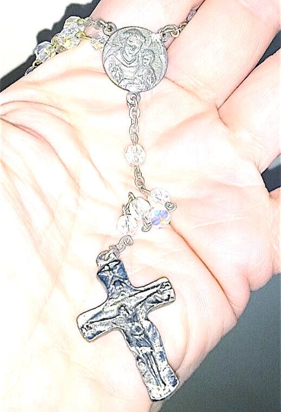 Italian rosary 70s sacred necklace with image of Saint Anthony of Padua and crucifix iridescent glass pearls