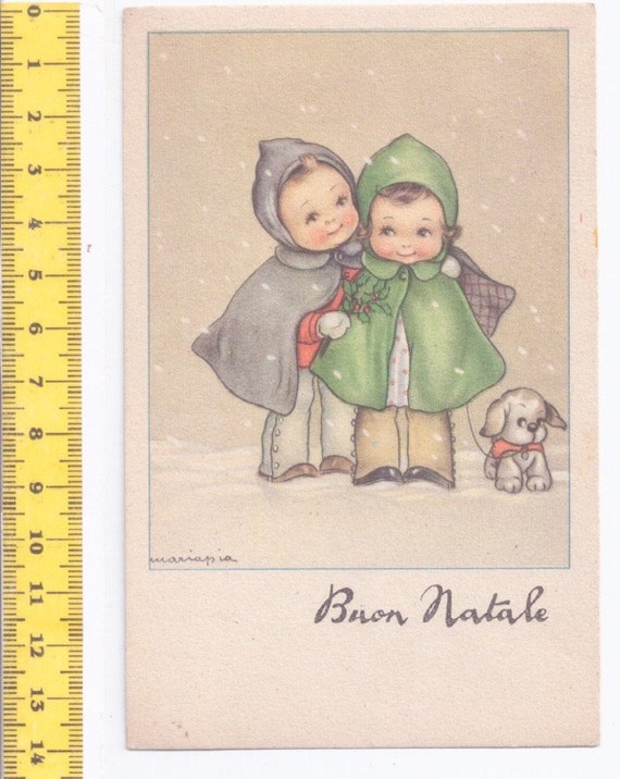 MARIAPIA splendida cartolina di Natale 1949 italiana usata viaggiata con bimbi