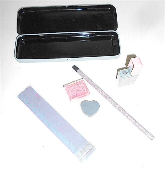 KUTSUWA japan 80s Rare Stationery School kit tin wallet + ruler + sharpener + pencil + heart eraser - kawaii full tin case