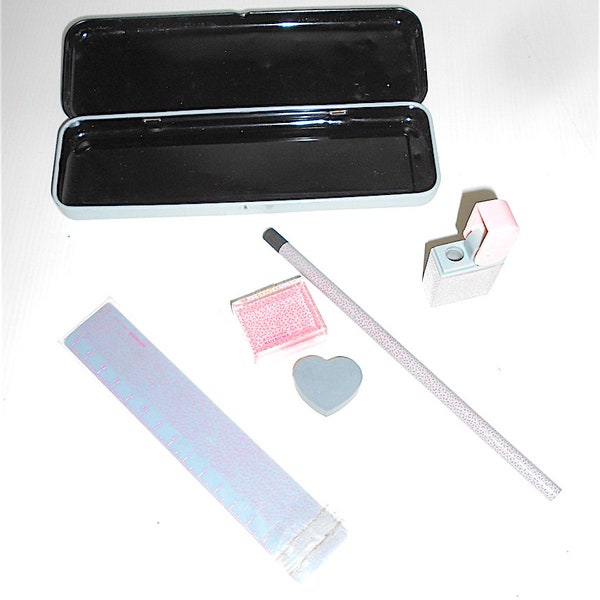KUTSUWA japan 80s Rare Stationery School kit tin wallet + ruler + sharpener + pencil + heart eraser - kawaii full tin case