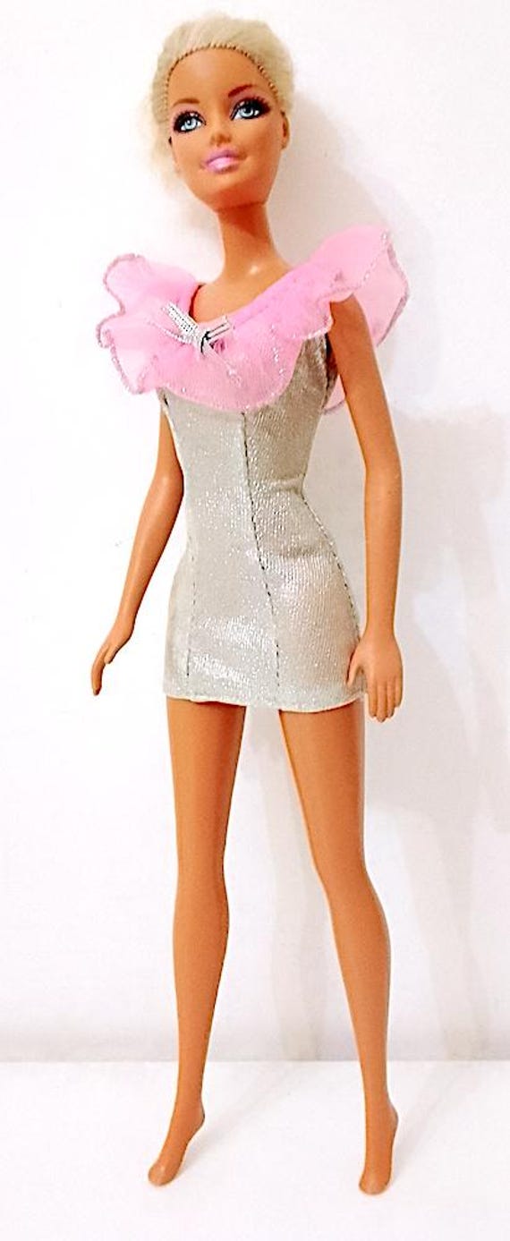 B1206 - BARBIE FASHION GREETING card 1994 abito argento e rosa Happy Birthday