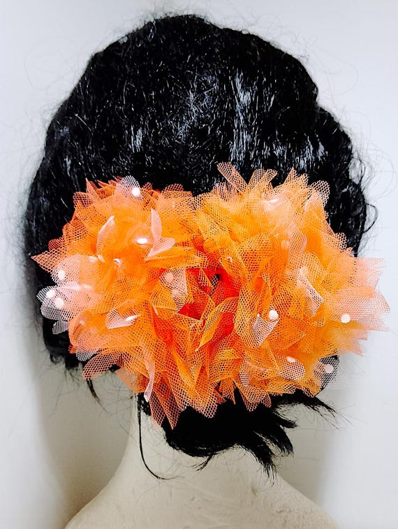 double orange flowers and chiffon 80s italy hair decoration double orange flowers pin aka Madonna Isla Bonita!