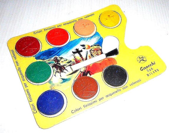 COW BOYS and INDIANS - Indians and cowboys 60s Gnocchi italy water color mini set - cardboard with watercolors and brush mint