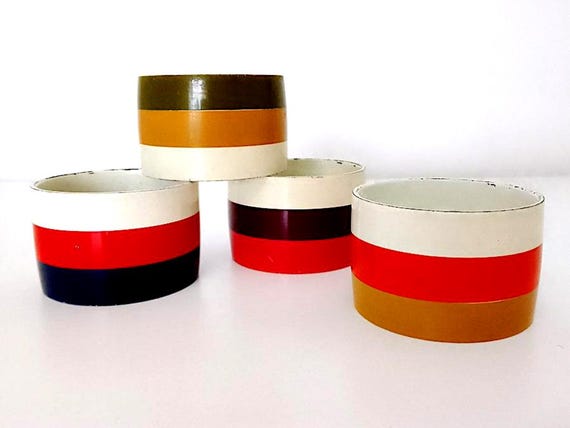 Set of 4 colorful striped plastic napkin holders from the 70s, Italian design, splendid pop culture space era