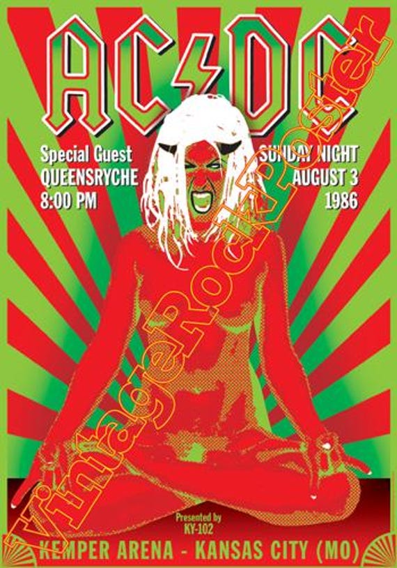 cod.010 - AC/DC acdc - Angus Young + Queensryche - Kansas City, Us - 3 august 1986   -  concert poster