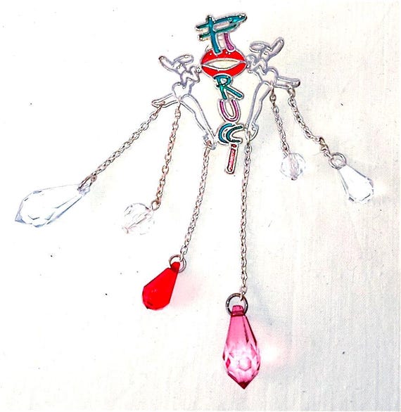 FIORUCCI 90s Italy vintage rare beautiful maxi pin badge lettering + pearl charms and bunny - large pin badge with lettering, bunnies and pearls