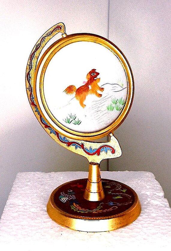 beautiful table ornament decoration with embroidered rotating dog 70s souvenir