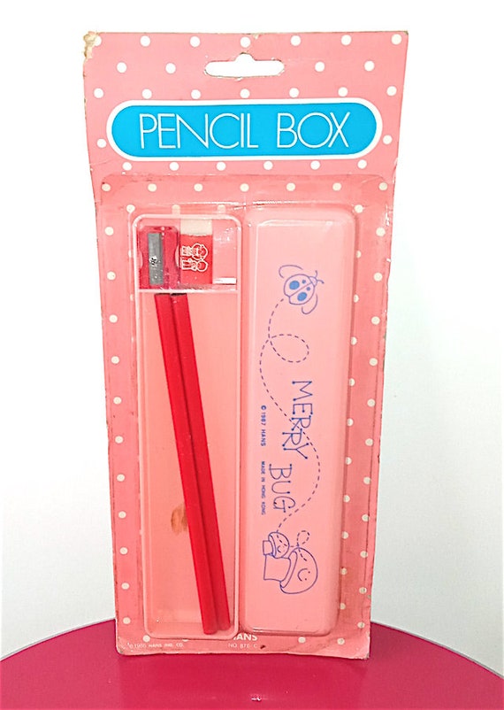 MERRY BUG 1987 Hans Hk stationery set pencil case kawaii pink + pencils, sharpener and eraser misb - school set pink case