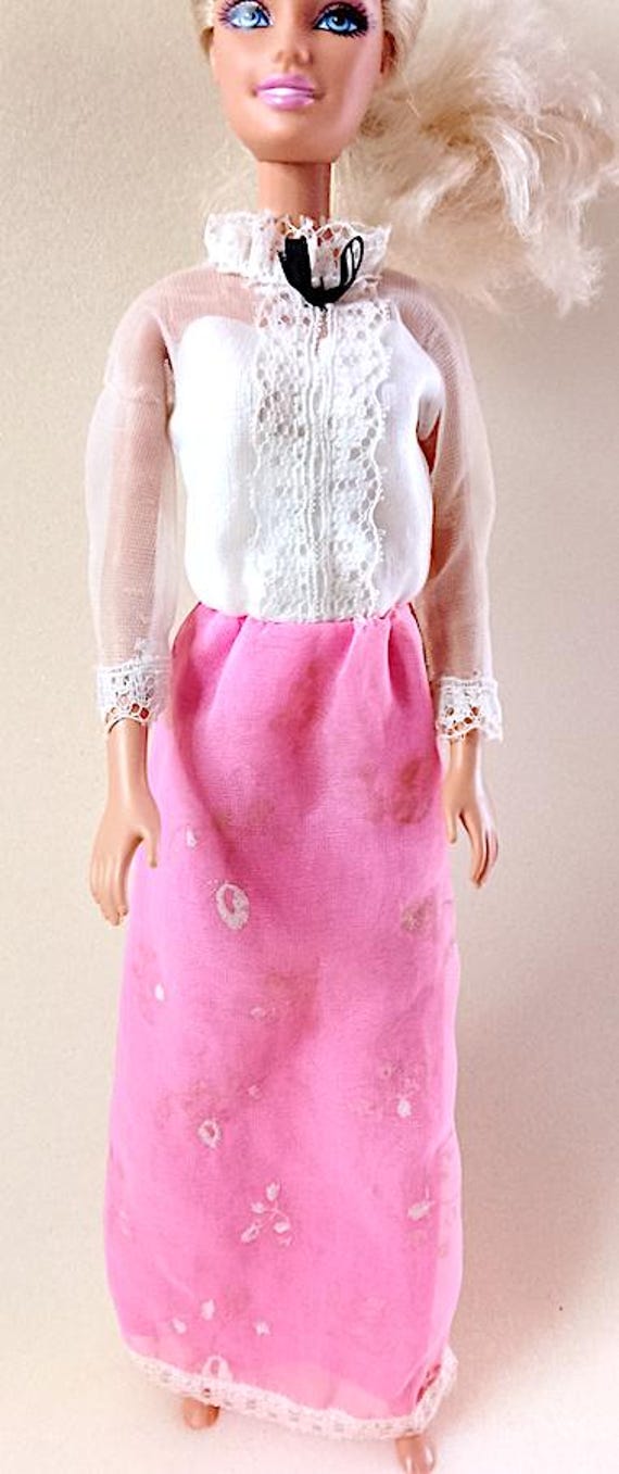 B809 - Barbie Designer original 1980 mattel - abito lungo rosa e bianco da restaurare