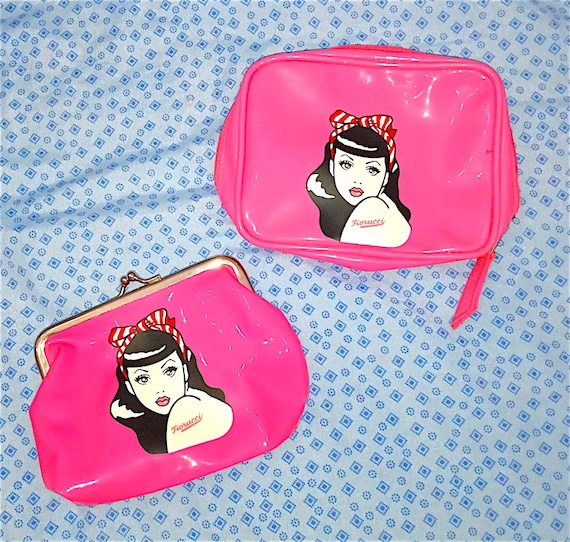 FIORUCCI 90s italy super cute pink duo money wallet clip + clutch pin up mint - set purse and pencil case pink new