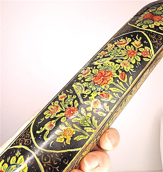 splendida scatola thailand lacca lucida con uccelli e fiori dorati su nero  souvenir anni 70 porta sigari, matite