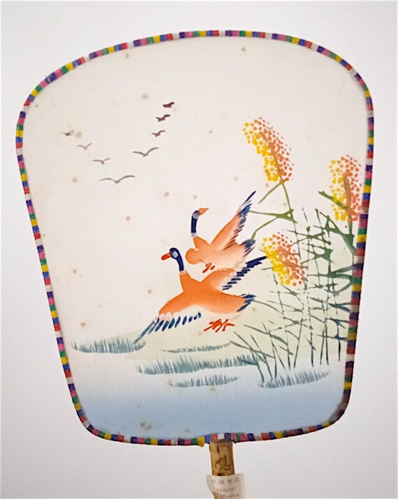 Chinese Fan Silk Painted 70s Lovely Pond Ducks Bi… - image 1