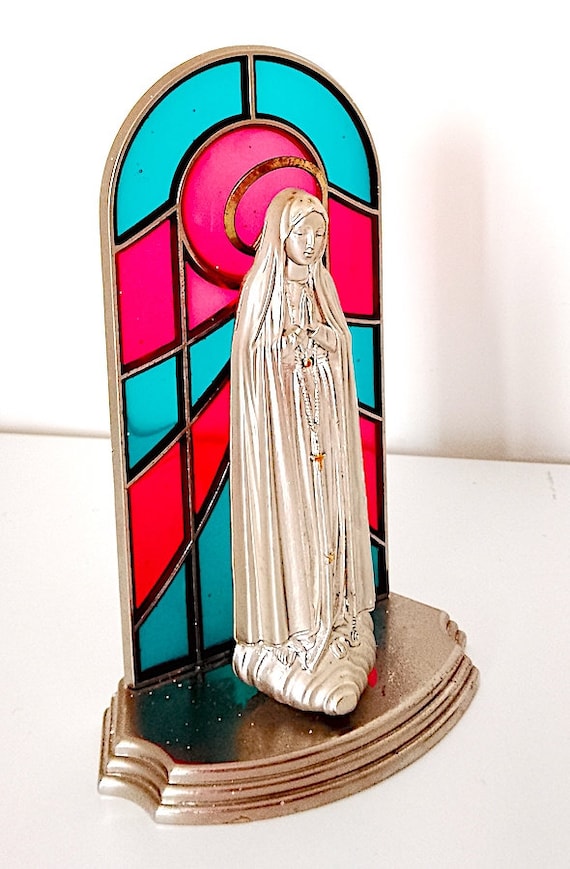 MADONNA maria vergine 80s italy altare votivo bellissimo in metallo souvenir con vetrata artistica chiesa religione barletta