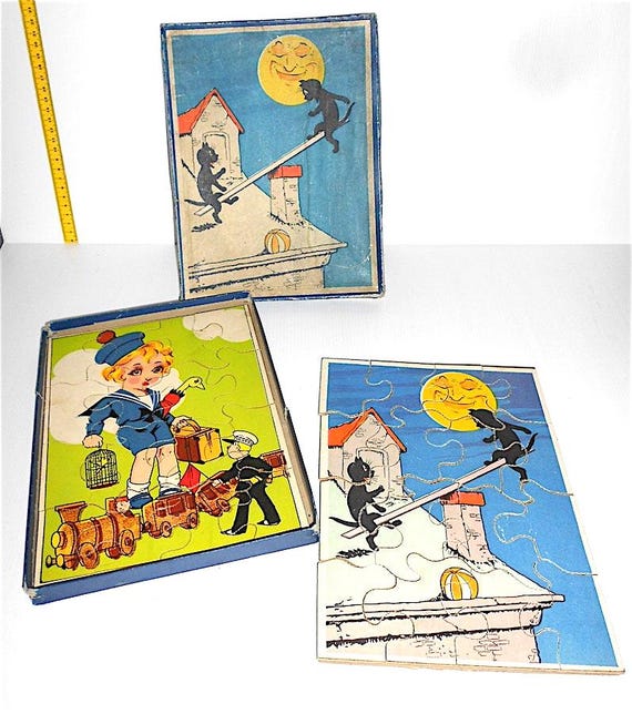 BLACK CAT in the moon + baby doll 40s France super rare beautiful double puzzle - rare and splendid vintage double puzzle in box