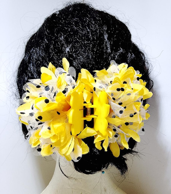yellow flowers and black polka dots chiffon 80s italy hair decoration double clip yellow flowers aka Madonna Isla Bonita!
