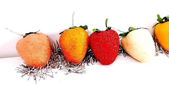 set of 6 delicious bright colored strawberry glitter Christmas balls