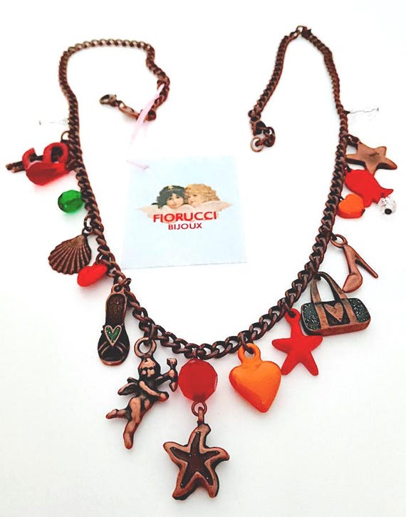 FIORUCCI 90s Italy vintage rare metal bronze necklace with more charms ethnic pop mint