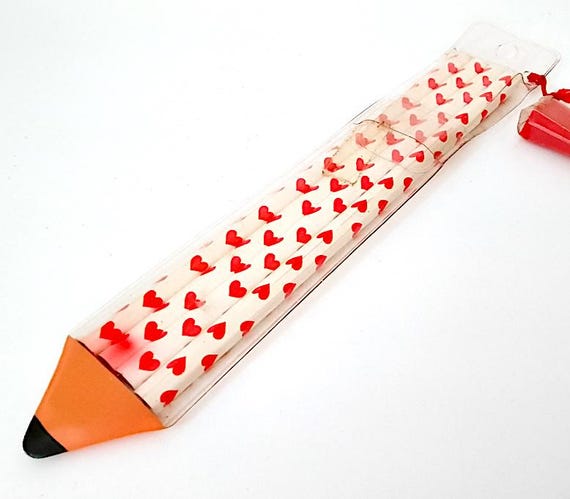 RED HEARTS - Red hearts 80s Japan shaped pencil case with 4 super kawaii pencils never used + red pop mint pencil sharpener charm