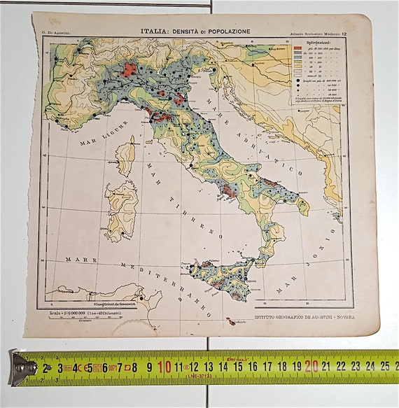 ATLANTE SCOLASTICO MODERNO 1918 De Agostini - cartina mappa  Italia densità della popolazione