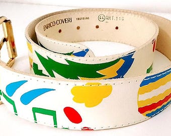 ENRICO COVERI You Young jaren 80 Italië zeldzame prachtige veelkleurige popriem - witte riem met veelkleurige motieven paninari preppy uitstekende maat 44