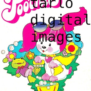May include: A cartoon illustration of a pink and white dog wearing sunglasses and a yellow scarf. The dog is holding a green and yellow brush and is standing in a green field with flowers. The dog is surrounded by bubbles. The text "Poochie digital images" is at the top of the image.