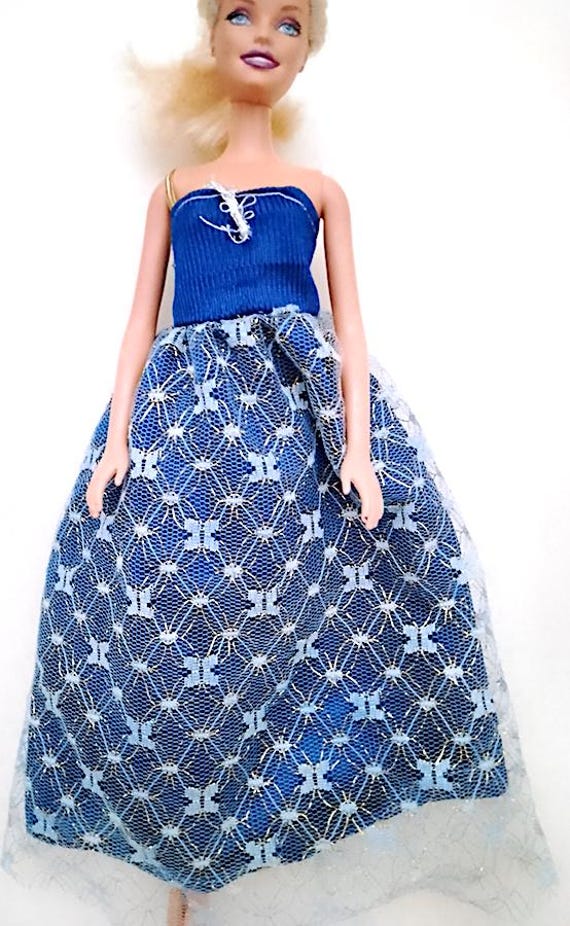 B1193 - BARBIE 90s abito blu lungo con pizzo dorato elegante da restaurare