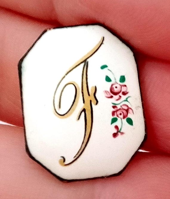 F Initial Lettering Hand Painted on Miniature Ceramic for 70's Brooch Pendant
