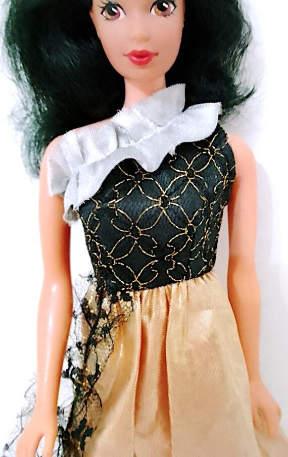 doll dress size Skipper, tanya, licca chan from 80s - gold and black dress with lace adjustable small elegant B290