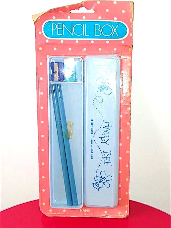 HAPPY BEE 1987 Hans Hk stationery set pencil case kawaii blue + pencils, sharpener and eraser misb - school set blue pencil case