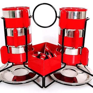 MORINOX 70s Italy splendid coffee set 6 cups saucers and teaspoons with display abs red and stainless steel 18/10 - coffe set red