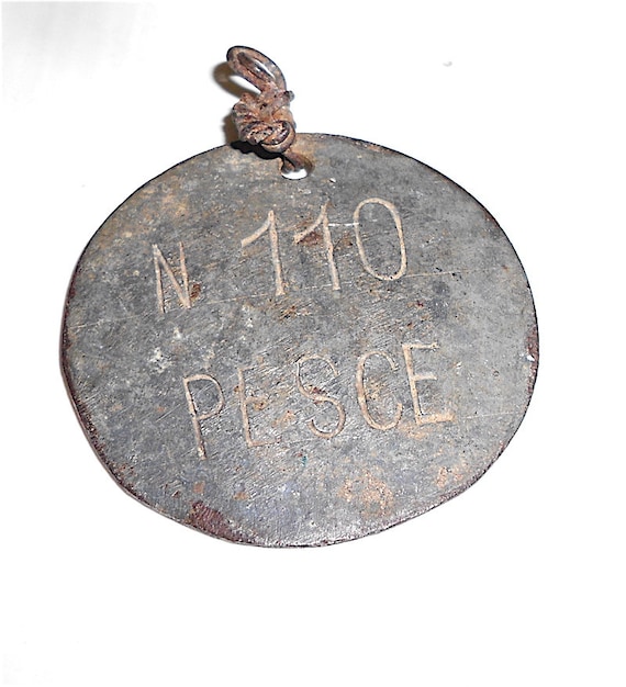 FISH - FISH 40s Italian rare vintage metal tag for weight market - antique weight tag for market