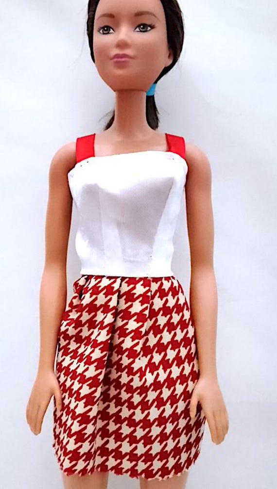 B123 - BARBIE 2000s mini abito houndstooth spigato elegante quadretti bianco arancio marrone