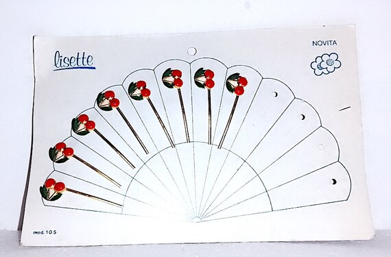 cherry ciliegie Lisette 70s italy beautiful set 8 hair clips vintage metal - 8 forcine smaltate in metallo splendide nuove