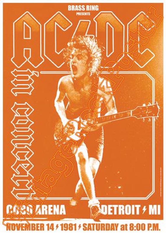 cod.009 - AC/DC acdc - Angus Young - Detroit, Us - 14 november 1981 -  concert poster