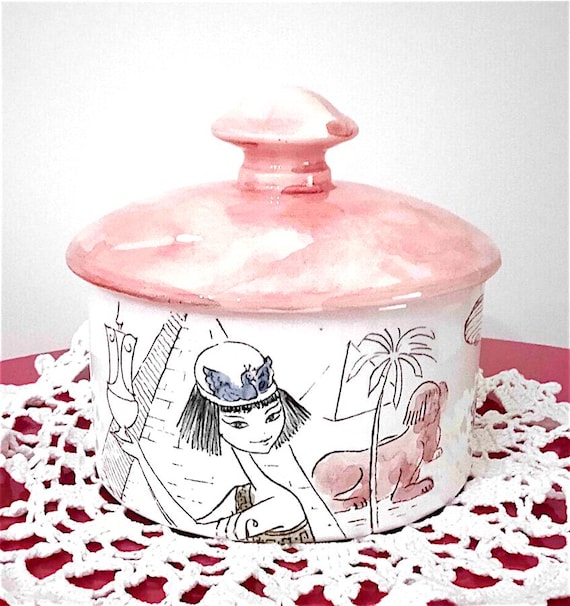 CERAMICHE DI MILANO 60s Italy beautiful sugar bowl with world tour women kawaii pink