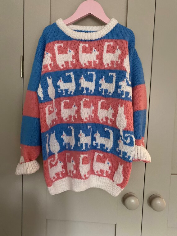 Hand Knitted Cat Lady Girls Jumper Age 7 10 Sweater Handmade Kittys Etsy