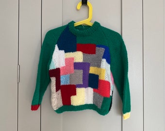 Crazy patchwork jumper hand knitted 3-4 sustainable clothing