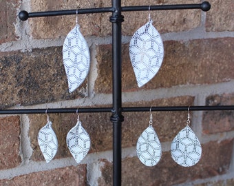 Hand-Cut White Leather Earrings with Black Geometric Shapes - Unique and Edgy Design!